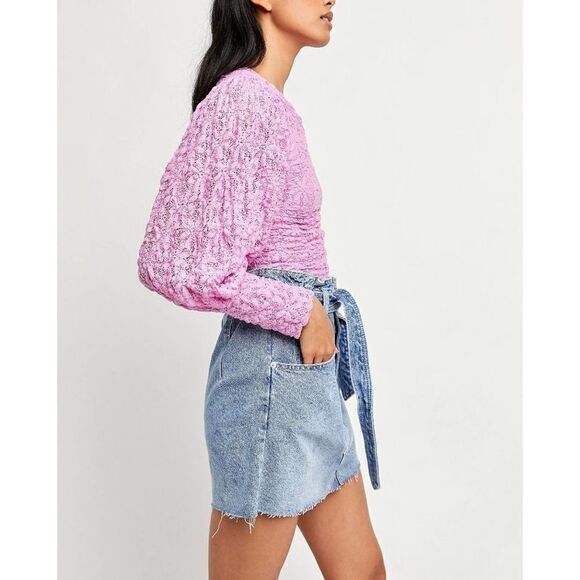 Free People Tea Time Lace Cropped Top Puff Sleeve Pink Size Large NEW - Picture 3 of 9